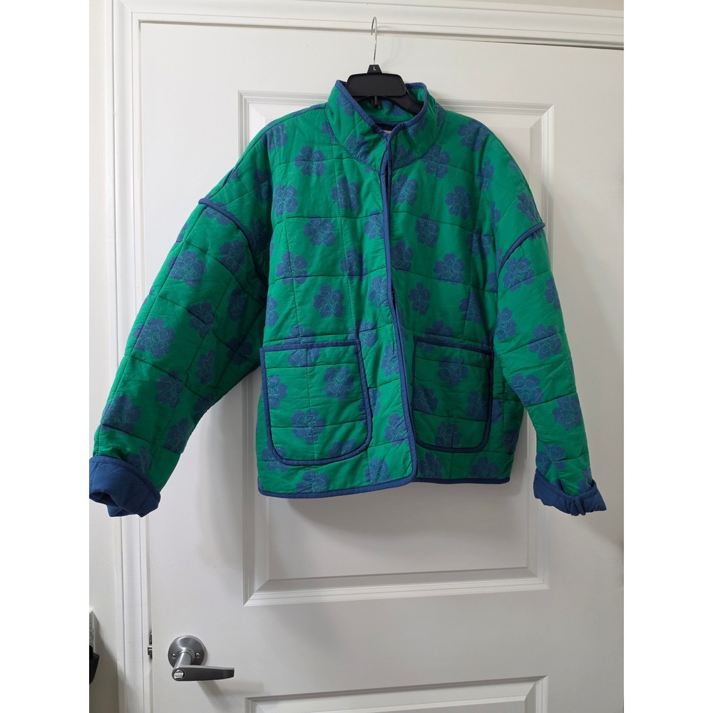 Free People Chloe Quilted Jacket Green Blue Floral Print Pockets L